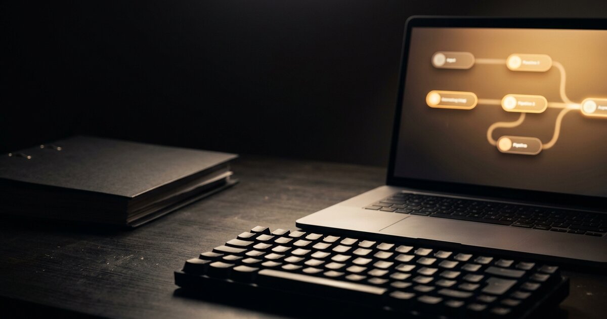 Postazione di lavoro in penombra con laptop che mostra uno schema di automazione, tastiera meccanica e quaderno sulla scrivania