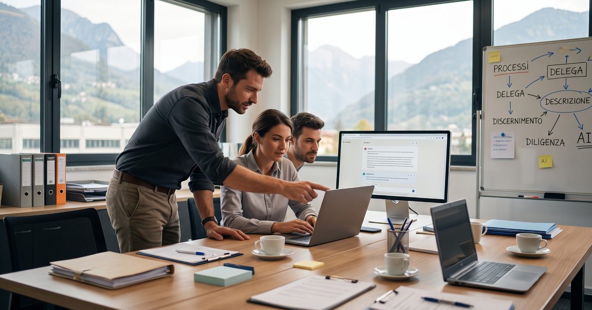 Tre persone di un team attorno a un portatile aperto su un tavolo in legno di una sala riunioni luminosa, con una lavagna che riporta lo schema del metodo e le montagne fuori dalla finestra