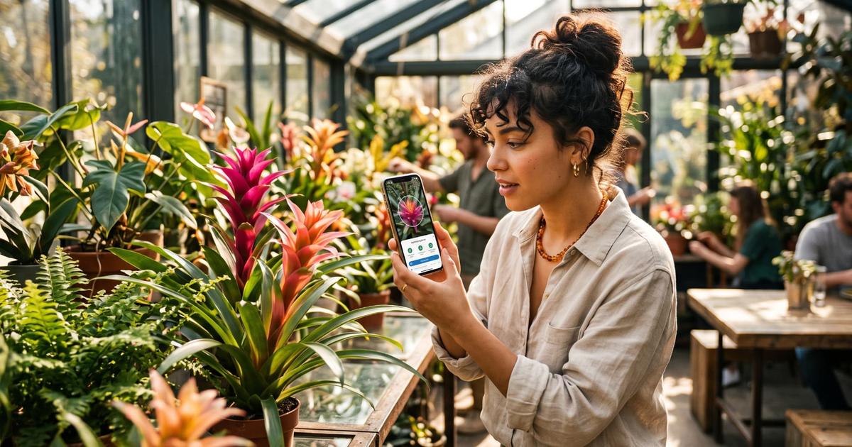 Donna in un negozio di piante che inquadra un fiore con l'app di Google Lens sul telefono