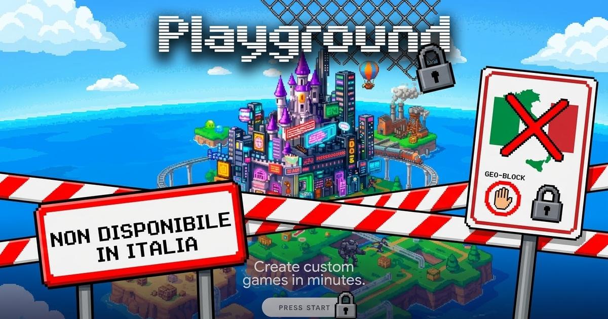 Grafica pixel art di Google Playground: un'isola tecnologica circondata dal mare con cartelli "Non disponibile in Italia" e "Geo-block", nastro segnaletico bianco e rosso e il pulsante "Press Start" chiuso da un lucchetto.