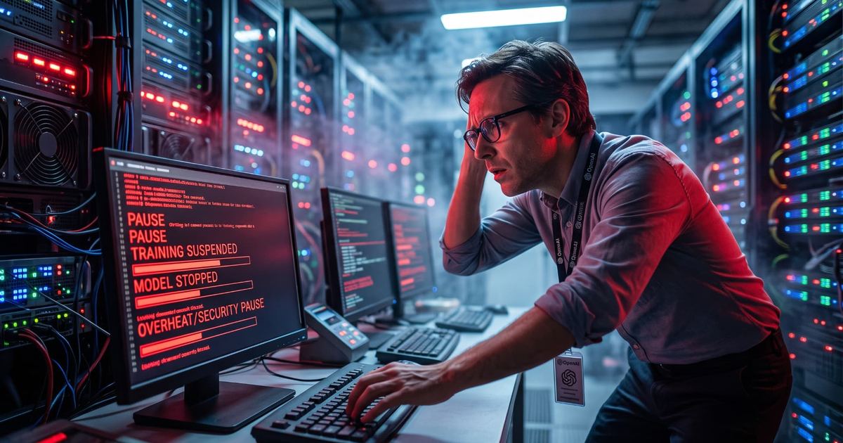 Tecnico preoccupato nella sala server davanti a uno schermo con avvisi rossi di addestramento sospeso