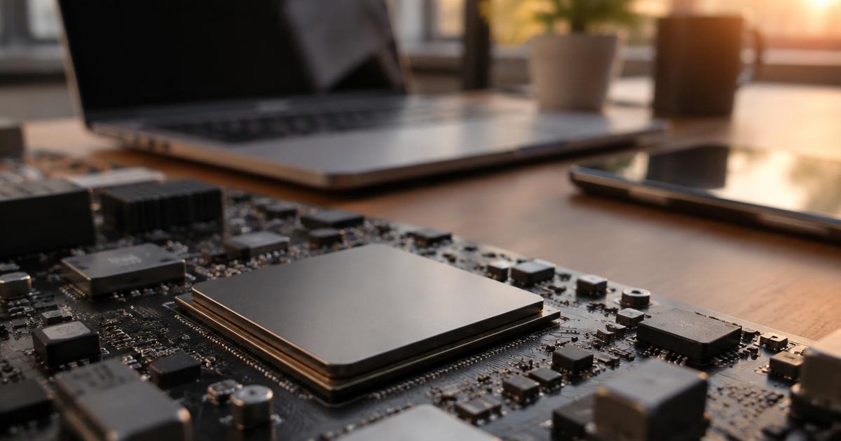 Processore per intelligenza artificiale su scheda madre, con laptop e smartphone su una scrivania d'ufficio
